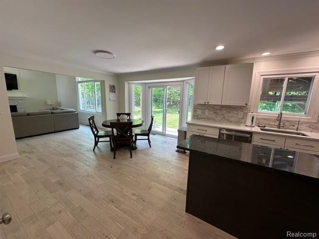 1727 Pero Lake Rd, Lapeer, MI 48446 - kitchen with a sink, stainless steel dishwasher, decorative backsplash, light wood-type flooring, and recessed lighting