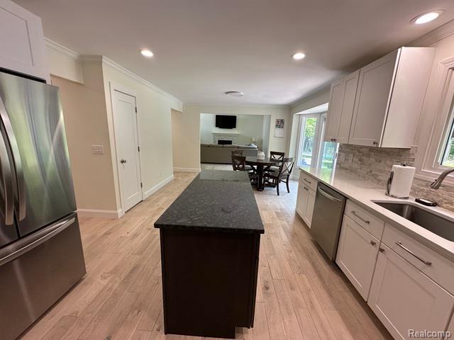 1727 Pero Lake Rd, Lapeer, MI 48446 - kitchen featuring stainless steel appliances, a sink, crown molding, light wood-style flooring, and dark stone counters