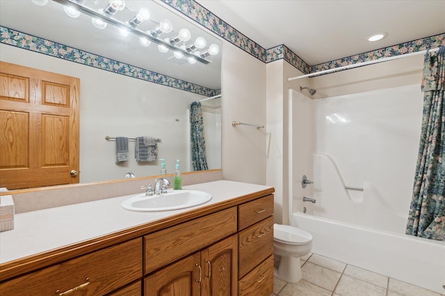 3438 Sandy Shore Dr, Metamora, MI 48455 - bathroom featuring vanity, shower / bath combo with shower curtain, tile patterned flooring, and toilet