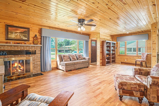 1018 Ruddiman Dr, North Muskegon, MI 49445 - living area featuring wood ceiling, wooden walls, wood finished floors, healthy amount of natural light, and a ceiling fan