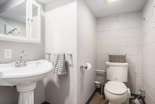 1018 Ruddiman Dr, North Muskegon, MI 49445 - bathroom with toilet, wood finished floors, concrete block wall, and a sink