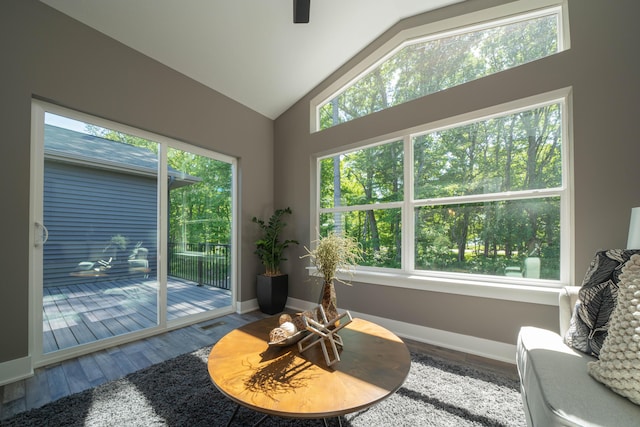 9421 Sassafras Trl Unit 76, Portage, MI 49002 - living room featuring wood finished floors, a ceiling fan, and high vaulted ceiling