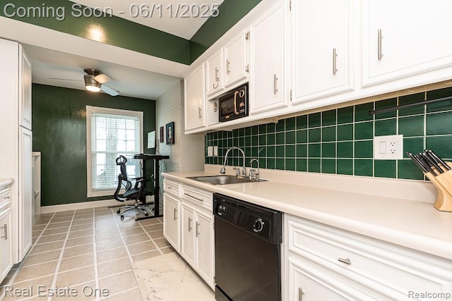 104 Manor Way Unit 1, Rochester Hills, MI 48309 - kitchen featuring black appliances, a sink, white cabinetry, a ceiling fan, and baseboards