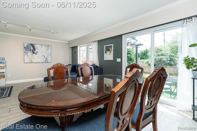104 Manor Way Unit 1, Rochester Hills, MI 48309 - dining area with track lighting, crown molding, baseboards, and light tile patterned floors