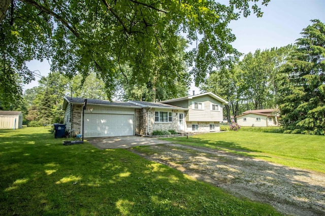 7070 Quain Rd, Birch Run, MI 48415 - view of front facade with dirt driveway, a garage, a front lawn, and stone siding