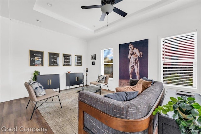 2826 16th St, Detroit, MI 48216 - living room featuring a raised ceiling, wood finished floors, and a ceiling fan