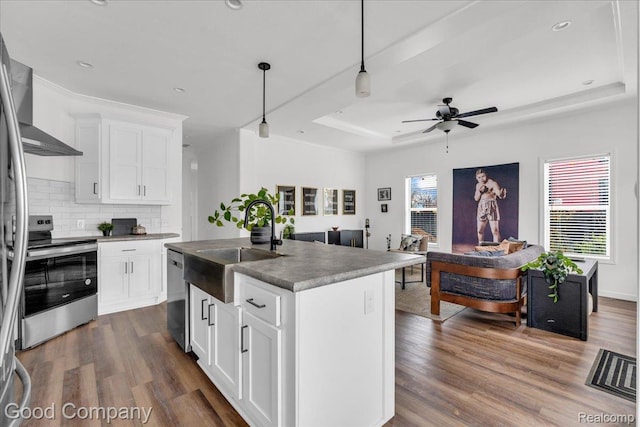 2826 16th St, Detroit, MI 48216 - kitchen featuring stainless steel appliances, a tray ceiling, wall chimney range hood, dark wood-style floors, and a ceiling fan