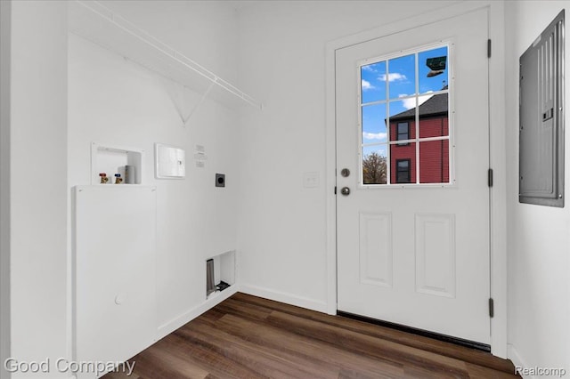 2826 16th St, Detroit, MI 48216 - washroom featuring electric dryer hookup, hookup for a washing machine, dark wood-style floors, and electric panel