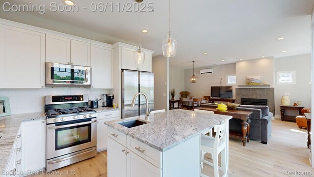615 Dunleavy Dr, Highland, MI 48356 - kitchen featuring appliances with stainless steel finishes, a sink, light wood-style floors, decorative backsplash, and white cabinets