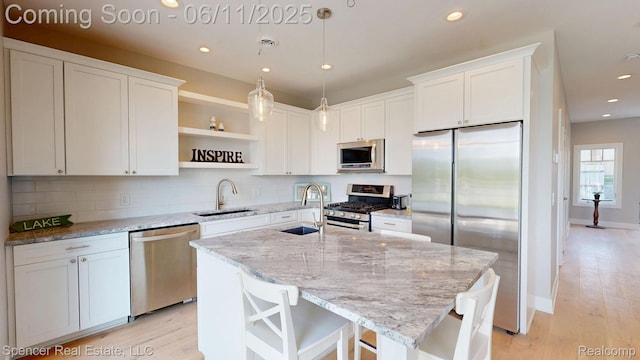 615 Dunleavy Dr, Highland, MI 48356 - kitchen featuring appliances with stainless steel finishes, a sink, open shelves, white cabinetry, and backsplash