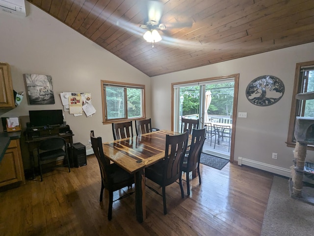 8544 Esmond Rd, Hale, MI 48739 - dining room featuring ceiling fan, dark wood-style floors, vaulted ceiling, wood ceiling, and a wall mounted AC