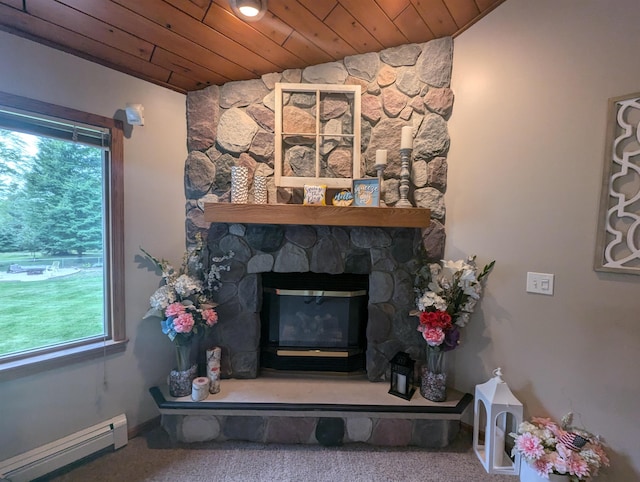 8544 Esmond Rd, Hale, MI 48739 - detailed view of a baseboard heating unit, wooden ceiling, carpet flooring, and a stone fireplace