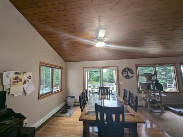 8544 Esmond Rd, Hale, MI 48739 - dining area with wood ceiling, healthy amount of natural light, a ceiling fan, wood finished floors, and lofted ceiling