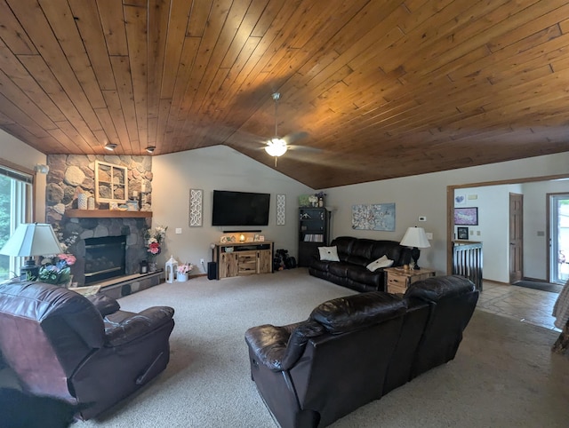 8544 Esmond Rd, Hale, MI 48739 - carpeted living room with wood ceiling, lofted ceiling, ceiling fan, and a fireplace