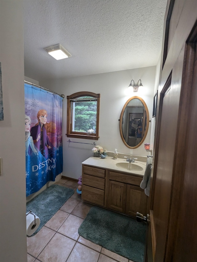 8544 Esmond Rd, Hale, MI 48739 - bathroom with vanity, tile patterned floors, a textured ceiling, and curtained shower