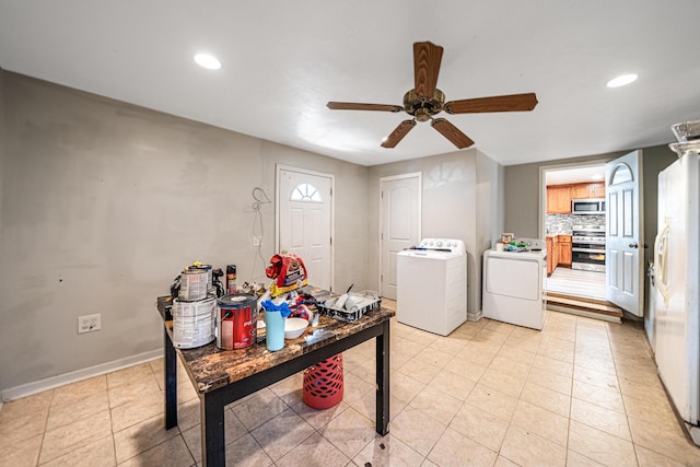 2110 Saint Charles Ave SW, Grand Rapids, MI 49507 - laundry room featuring separate washer and dryer, a ceiling fan, recessed lighting, baseboards, and light tile patterned floors
