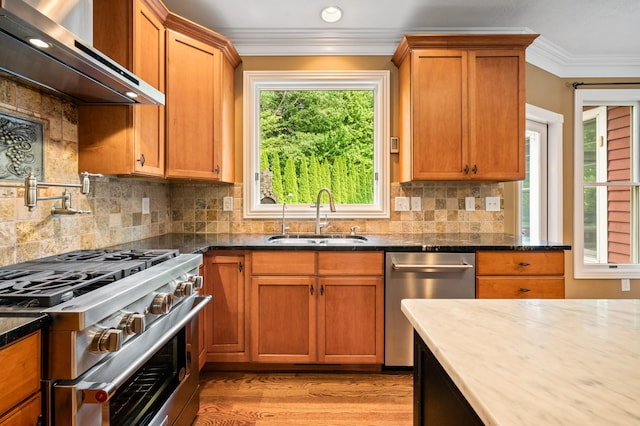 3265 Estates Dr, Saint Joseph, MI 49085 - kitchen with wall chimney range hood, a sink, appliances with stainless steel finishes, ornamental molding, and dark stone countertops