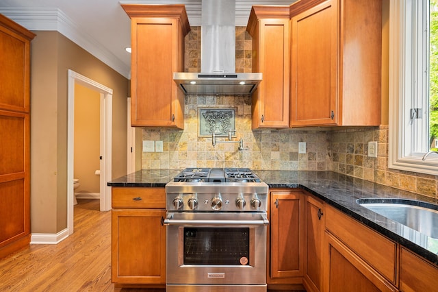 3265 Estates Dr, Saint Joseph, MI 49085 - kitchen featuring high end stove, wall chimney range hood, light wood-style flooring, baseboards, and tasteful backsplash