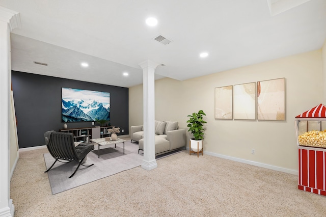 3265 Estates Dr, Saint Joseph, MI 49085 - living area with decorative columns, recessed lighting, baseboards, and carpet flooring