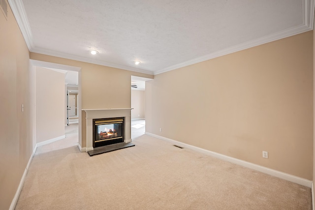 3265 Estates Dr, Saint Joseph, MI 49085 - unfurnished living room with ornamental molding, light colored carpet, baseboards, and a multi sided fireplace