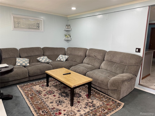 30347 Dell Ln, Warren, MI 48092 - carpeted living room with ornamental molding and recessed lighting