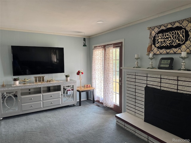 30347 Dell Ln, Warren, MI 48092 - living room with crown molding, carpet floors, and a brick fireplace