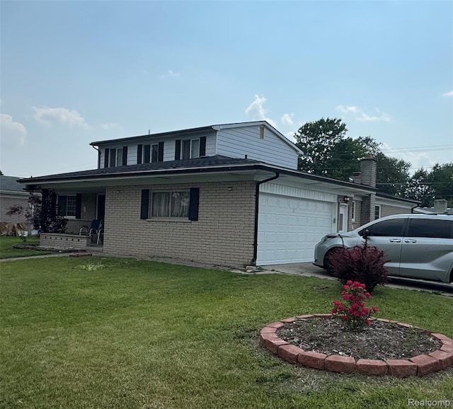 30347 Dell Ln, Warren, MI 48092 - view of home's exterior with an attached garage, brick siding, a lawn, and covered porch