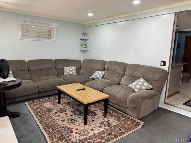 30347 Dell Ln, Warren, MI 48092 - living room featuring crown molding, carpet flooring, and recessed lighting