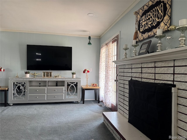 30347 Dell Ln, Warren, MI 48092 - living room featuring crown molding, carpet floors, a fireplace, and wood walls