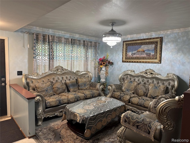 30347 Dell Ln, Warren, MI 48092 - living room featuring ornamental molding, baseboards, and carpet