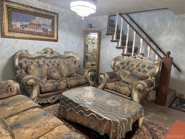 30347 Dell Ln, Warren, MI 48092 - carpeted living area with stairs, ornamental molding, and a chandelier