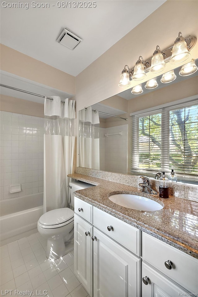 13815 Silent Woods Dr, Shelby Twp, MI 48315 - bathroom featuring tile patterned floors, vanity, shower / bathtub combination with curtain, and toilet