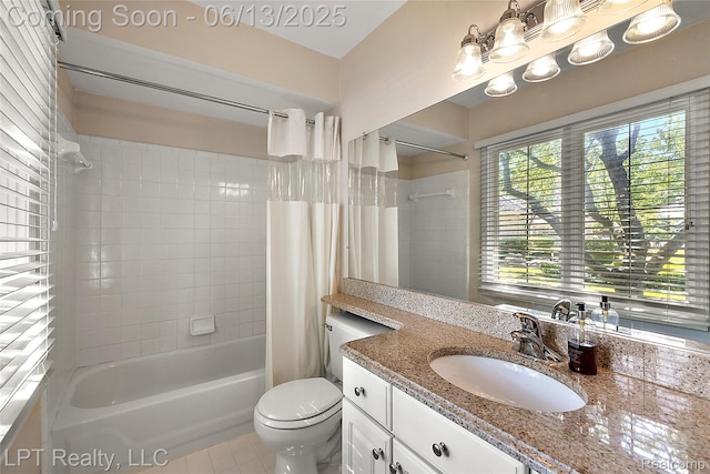 13815 Silent Woods Dr, Shelby Twp, MI 48315 - bathroom with vanity, shower / tub combo, toilet, and tile patterned floors
