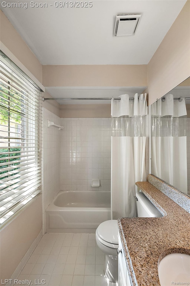 13815 Silent Woods Dr, Shelby Twp, MI 48315 - bathroom featuring tile patterned flooring, vanity, shower / bath combo, toilet, and baseboards