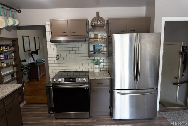 1247 Catalina Dr, Flint, MI 48507 - kitchen featuring stainless steel appliances, dark wood-type flooring, gray cabinets, and tasteful backsplash