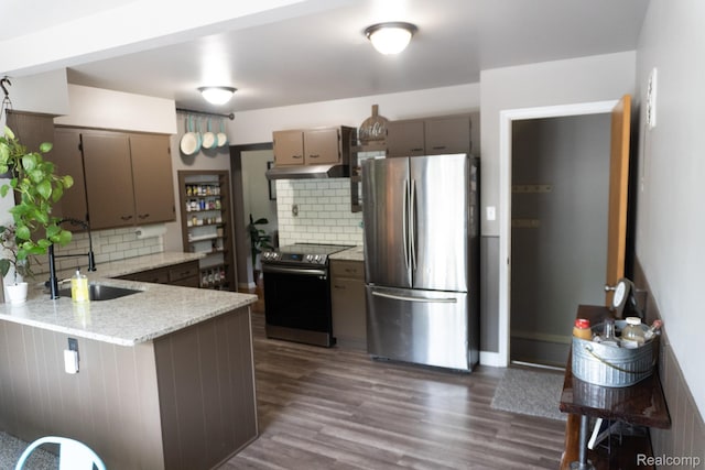 1247 Catalina Dr, Flint, MI 48507 - kitchen featuring stainless steel appliances, under cabinet range hood, a peninsula, and backsplash