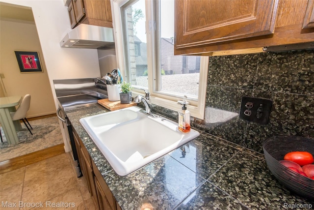 41350 Woodward Ave, Bloomfield Hills, MI 48304 - kitchen with wall chimney exhaust hood, a sink, healthy amount of natural light, and brown cabinets