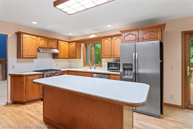 751 River Edge Ct, Flushing, MI 48433 - kitchen with appliances with stainless steel finishes, under cabinet range hood, light wood finished floors, light countertops, and recessed lighting