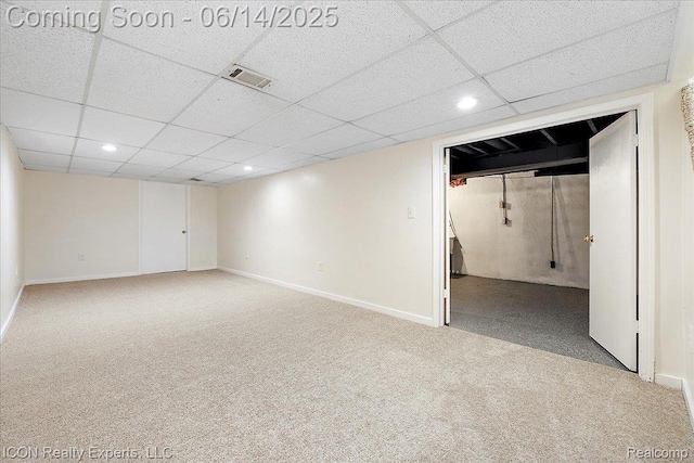2570 Tarry Dr, Macomb, MI 48310 - finished below grade area with carpet, baseboards, recessed lighting, and a drop ceiling