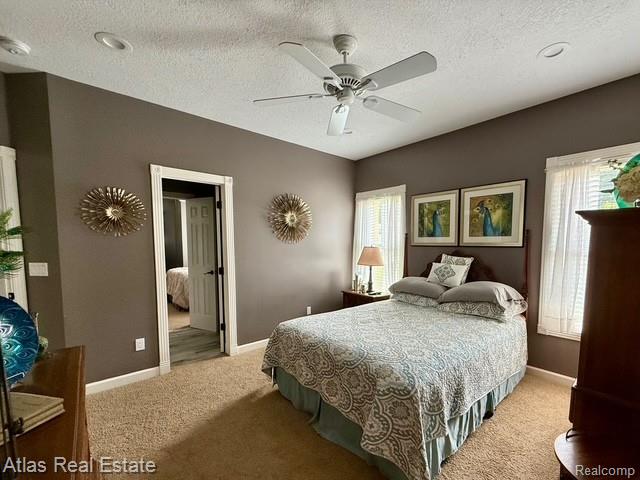 5415 Walker Rd, Davison, MI 48423 - bedroom with carpet floors, multiple windows, a textured ceiling, and baseboards