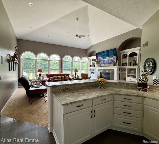 5415 Walker Rd, Davison, MI 48423 - kitchen with open floor plan, white cabinets, a fireplace, light stone countertops, and healthy amount of natural light