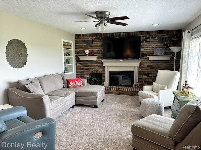 250 N Decker Rd, Snover, MI 48727 - living room featuring a textured ceiling, ceiling fan, carpet floors, a brick fireplace, and brick wall