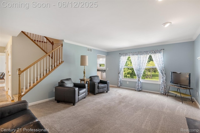 11213 Youngstree Ct, Davisburg, MI 48350 - carpeted living room featuring stairway, baseboards, and ornamental molding