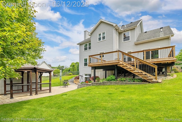 11213 Youngstree Ct, Davisburg, MI 48350 - rear view of house featuring stairs, a patio area, a wooden deck, a yard, and roof with shingles