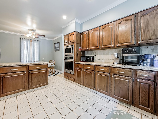 19394 Ingram Dr, Shelby Twp, MI 48038 - kitchen featuring stainless steel appliances, ornamental molding, a ceiling fan, tasteful backsplash, and light tile patterned floors