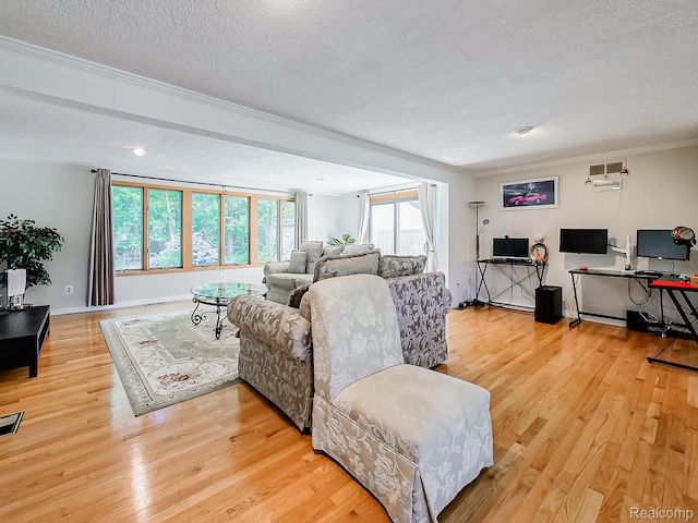 19394 Ingram Dr, Shelby Twp, MI 48038 - living room with a textured ceiling, light wood-type flooring, and ornamental molding