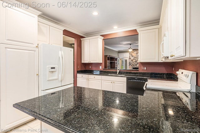 50021 Ludwig Ct, Shelby Twp, MI 48317 - kitchen featuring white appliances, crown molding, a peninsula, ceiling fan, and dark stone countertops