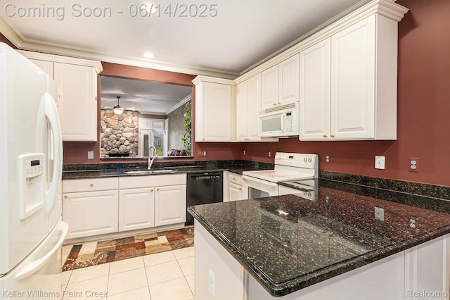 50021 Ludwig Ct, Shelby Twp, MI 48317 - kitchen featuring white appliances, a sink, a peninsula, ceiling fan, and white cabinets