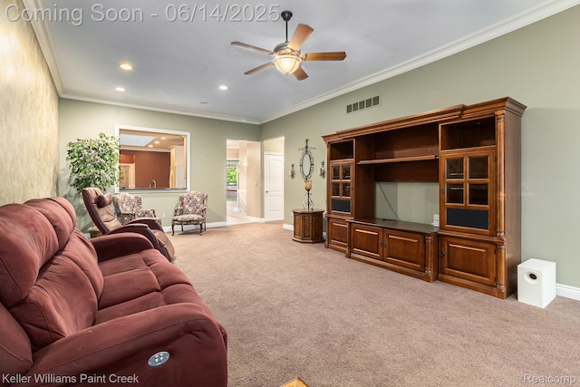 50021 Ludwig Ct, Shelby Twp, MI 48317 - carpeted living room with ceiling fan, crown molding, baseboards, and recessed lighting