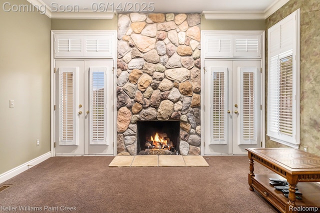 50021 Ludwig Ct, Shelby Twp, MI 48317 - unfurnished living room featuring french doors, crown molding, carpet flooring, a stone fireplace, and baseboards